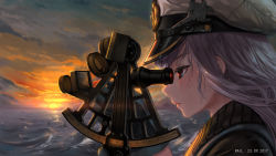 Rule 34 | 1girl, absurdres, black gloves, cloud, evening, gloves, grey gloves, hat, highres, holding, light purple hair, long hair, multicolored clothes, multicolored gloves, ocean, outdoors, peaked cap, profile, rail (silverbow), red eyes, sextant, sky, solo, sun, u96 (warship girls r), upper body, warship girls r, waves, wet