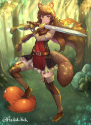 Rule 34 | 1girl, absurdres, animal ears, balloon (tate no yuusha no nariagari), belt, boots, brown hair, forest, highres, long hair, looking at viewer, nature, raccoon ears, raccoon girl, raccoon tail, radishkek, raphtalia, signature, smile, solo, sunlight, sword, tail, tate no yuusha no nariagari, thighhighs, weapon