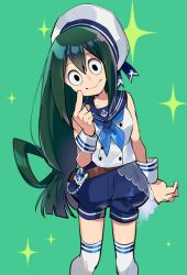 Rule 34 | 10s, 1girl, alternate costume, asui tsuyu, black eyes, boku no hero academia, commentary request, finger to mouth, green background, green hair, hair rings, hat, jinno (megacake), long hair, looking at viewer, puffy shorts, sailor, sailor collar, sailor hat, shirt, shorts, simple background, sleeveless, sleeveless shirt, smile, solo, sparkle, thighhighs