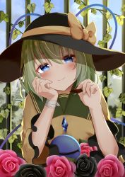 Rule 34 | 1girl, absurdres, bars, black flower, black hat, black rose, blouse, blue eyes, bow, commentary request, day, flower, green hair, hat, hat bow, heart, heart-shaped pupils, highres, huge filesize, kirikaze ren, komeiji koishi, leaf, looking at viewer, medium hair, pink flower, pink rose, rose, shirt, sky, solo, symbol-shaped pupils, touhou, yellow bow, yellow shirt