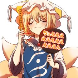 Rule 34 | 1girl, blonde hair, commentary request, crying, fox tail, glowstick, hand fan, happy tears, hat, kitsune, kyuubi, long sleeves, mob cap, multiple tails, short hair, solo, tabard, tail, tears, touhou, twitter username, unkmochi, yakumo ran