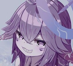 1girl absurdres animal_ears blush close-up crossed_bangs facial_mark hair_between_eyes halo highres indie_virtual_youtuber jewelry long_hair megalodon_(vtuber) necklace nix_zero purple_eyes purple_hair sharp_teeth smile solo symbol-shaped_pupils teeth virtual_youtuber wet wet_hair whisker_markings