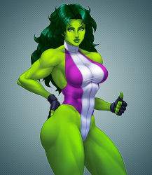 Rule 34 | 1girl, abs, alternate costume, breasts, colored skin, cowboy shot, fingerless gloves, gloves, green eyes, green hair, green lips, green skin, hand on own hip, highres, jennifer walters, jiggeh, large breasts, leotard, lips, lipstick, long hair, looking at viewer, makeup, marvel, matching hair/eyes, muscular, muscular female, nose, she-hulk, solo, taut clothes, thick thighs, thighs, thumbs up