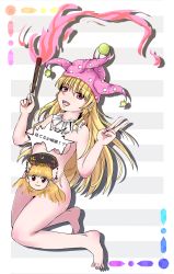 Rule 34 | 1girl, blonde hair, breasts, censored, censored by text, censored nipples, character censor, clownpiece, eyes visible through hair, grey background, hat, highres, hip focus, hiyashi mikan, jester cap, junko (touhou), legs, long hair, looking at viewer, novelty censor, nude, open mouth, pointy ears, red eyes, small breasts, solo, striped, striped background, teeth, thighs, toes, tongue, torch, touhou, translation request, underwear, unworn shirt, v, very long hair