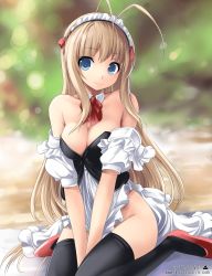 Rule 34 | 1girl, absurdres, antenna hair, bare shoulders, black thighhighs, blonde hair, blue eyes, blurry, bokeh, breasts, cleavage, depth of field, detached collar, headdress, highres, long hair, namamo nanase, shoes, sitting, smile, solo, thighhighs, tsurumaki maki, v arms, vocaloid, voiceroid, wariza, watermark, web address