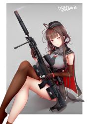 Rule 34 | 1girl, anti-materiel rifle, blast compensator, bolt-action rifle, bolt action, brown hair, bullpup, cape, character name, chicami, compensator, crossed legs, dsr-50, dsr-50 (girls&#039; frontline), elbow gloves, girls&#039; frontline, gloves, gun, hair ornament, highres, long hair, looking at viewer, muzzle device, red eyes, rifle, scope, simple background, single thighhigh, smile, smoke, smoking barrel, sniper rifle, solo, suppressor, thighhighs, weapon