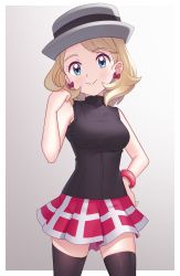 Rule 34 | 1girl, blonde hair, blue eyes, blush, border, bracelet, breasts, brown thighhighs, brown vest, closed mouth, cowboy shot, creatures (company), earrings, eyelashes, game freak, gazing eye, gradient background, grey background, grey hat, hand on own hip, hand up, hat, highres, jewelry, looking at viewer, medium hair, miniskirt, nintendo, pink skirt, pleated skirt, pokemon, pokemon (anime), pokemon journeys, pokemon swsh105, serena (pokemon), shiny clothes, skirt, smile, solo, sweater vest, swept bangs, thighhighs, vest, white border