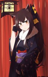 Rule 34 | 1girl, animal ears, black gloves, blush, brown eyes, brown hair, closed mouth, fingerless gloves, fur-trimmed kimono, fur trim, girls&#039; frontline, gloves, hair ribbon, hand in own hair, highres, hinami047, japanese clothes, kimono, lamp, long hair, looking at viewer, official alternate costume, ribbon, scar, scar across eye, scar on face, simple background, smile, solo, standing, ump45 (girls&#039; frontline), ump45 (lonely traveler of eternity) (girls&#039; frontline)