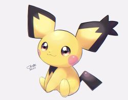 Rule 34 | closed mouth, commentary request, creature, creatures (company), dated, full body, game freak, gen 2 pokemon, highres, nintendo, no humans, okoge (simokaji), pichu, pokemon, pokemon (creature), signature, sitting, smile, solo, white background