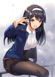 Rule 34 | 1girl, :d, akanebi, arm up, azur lane, black hair, black pantyhose, black skirt, blue coat, blush, breasts, brown hair, casual, choukai (azur lane), coat, collared shirt, commentary request, earrings, feet out of frame, fur-trimmed sleeves, fur trim, glint, gradient background, grey background, hairband, high-waist skirt, highres, jewelry, large breasts, leaning forward, long hair, long sleeves, looking at viewer, on railing, open clothes, open coat, open mouth, pantyhose, railing, round teeth, shirt, sitting, skirt, smile, solo, teeth, thighband pantyhose, upper teeth only, white hairband, white shirt