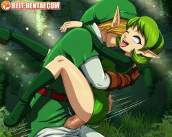 Rule 34 | 1boy, 1girl, boots, clothed sex, forest, fucked silly, green hair, happy sex, link, nature, nintendo, one eye closed, penis, pointy ears, reit, saria (zelda), sex, size difference, temple, the legend of zelda, the legend of zelda: ocarina of time, tongue, tunic, wink