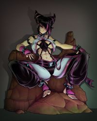 Rule 34 | abs, absurdres, anklet, baggy pants, barefoot, belt, bracelet, breast curtains, capcom, chest tattoo, collar, hair over shoulder, han juri, highres, jewelry, kluverdesigns, multicolored hair, muscular, muscular female, nail polish, pants, pink hair, revealing clothes, rock, sitting, smile, spiked bracelet, spiked collar, spikes, street fighter, street fighter 6, tattoo