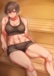 Rule 34 | 10s, 1girl, abs, bifidus, breasts, brown hair, curvy, hyuuga (kancolle), kantai collection, large breasts, looking at viewer, muscular, muscular female, sauna, short hair, shorts, sitting, solo, sports bra, sweat, wide hips