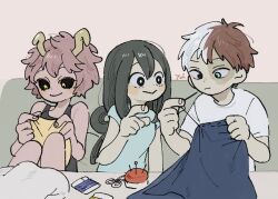 Rule 34 | 1boy, 2girls, aqua eyes, ashido mina, asui tsuyu, black hair, black sclera, black tank top, blue shirt, boku no hero academia, bow-shaped hair, colored sclera, hair between eyes, heterochromia, highres, horns, multicolored hair, multiple girls, needle, o y85 o, pincushion, pink hair, red hair, scar, scar across eye, scissors, sewing, sewing needle, shirt, sitting, smile, t-shirt, tank top, todoroki shouto, two-tone hair, white hair, white shirt, yellow eyes