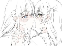 Rule 34 | 2girls, blue eyes, blush, bocchi the rock!, commentary request, cube hair ornament, ear blush, gotoh hitori, green eyes, greyscale, hair ornament, holding hands, imminent kiss, interlocked fingers, kita ikuyo, korean commentary, long hair, monochrome, multiple girls, one side up, parted lips, spot color, upper body, zhr100