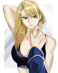 Rule 34 | 1boy, 1girl, arm behind head, bare shoulders, black tank top, blonde hair, border, breasts, brown eyes, cleavage, closed mouth, crop top, expressionless, fullmetal alchemist, hair between eyes, hair down, hair lift, hand on another&#039;s neck, highres, large breasts, out of frame, ozaki (tsukiko3), pov, pov hands, riza hawkeye, roy mustang, scar, scar on hand, scar on neck, solo focus, tank top, upper body, white border