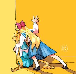 Rule 34 | 2girls, against wall, aino minako, back, back bow, bishoujo senshi sailor moon, black footwear, blonde hair, blouse, blue bow, blue sailor collar, blue skirt, bow, from behind, hair bow, hand on another&#039;s shoulder, hand up, highres, long hair, long sleeves, long twintails, multiple girls, murimajimuri, pink bow, pleated skirt, sailor collar, school uniform, serafuku, shirt, shoes, signature, sitting, skirt, socks, squatting, tsukino usagi, twintails, very long hair, wall, white shirt, white legwear, white shirt, yellow background