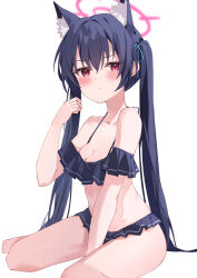 Rule 34 | 1girl, :/, absurdres, animal ear fluff, animal ears, bare arms, bare legs, bare shoulders, barefoot, bikini, black bikini, black hair, blue archive, blue ribbon, breasts, cat ears, cleavage, collarbone, frilled bikini, frills, hair ribbon, halo, highres, long hair, official alternate costume, red eyes, red halo, ribbon, serika (blue archive), serika (swimsuit) (blue archive), simple background, small breasts, solo, sutei (arece15), swimsuit, twintails, white background