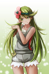 Rule 34 | 1girl, :p, collarbone, creatures (company), dark-skinned female, dark skin, floating hair, flower, game freak, gradient background, green background, green eyes, green hair, grey shirt, grey shorts, hair flower, hair ornament, highres, long hair, mallow (pokemon), nintendo, pokemon, pokemon sm, red flower, redpoke, shirt, short shorts, shorts, sleeveless, sleeveless shirt, solo, standing, tongue, tongue out, twintails, tying hair, very long hair