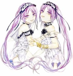 Rule 34 | 2girls, armlet, choker, dress, euryale (fate), fate/grand order, fate/hollow ataraxia, fate (series), headband, highres, jewelry, long hair, looking at viewer, looking away, multiple girls, siblings, simple background, sisters, smile, stheno (fate), twins, twintails, very long hair, white background, white dress