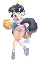 Rule 34 | 1girl, animal ears, ass, bikini, bikini top only, black hair, blue archive, blue eyes, blue skirt, blush, bracelet, breasts, cameltoe, cheerleader, disembodied hand, dog ears, dog girl, dog tail, fang, from behind, gonster, halo, hibiki (blue archive), hibiki (cheer squad) (blue archive), highres, jewelry, leg between thighs, looking at viewer, median furrow, medium breasts, millennium cheerleader outfit (blue archive), miniskirt, official alternate costume, official alternate hairstyle, panties, pom pom (cheerleading), see-through panties, shoes, sideboob, signature, simple background, skin fang, skirt, sneakers, solo, sweat, swimsuit, tail, twisted torso, two-tone skirt, underwear, very sweaty, wet, wet clothes, wet panties, white background, white bikini, white skirt, yellow halo