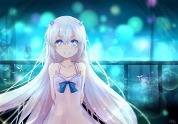 Rule 34 | 1girl, arms behind back, bad id, bad pixiv id, bai qi-qsr, blue bow, blue bowtie, blue eyes, bow, bowtie, collarbone, dated, dress, elsword, floating hair, hair between eyes, horns, looking at viewer, luciela r. sourcream, night, outdoors, pointy ears, signature, silver hair, smile, solo, sundress, upper body, white dress