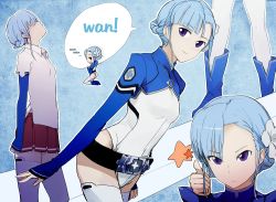 Rule 34 | 10s, 1girl, ass, bad id, bad pixiv id, belt, belt skirt, blue footwear, blue hair, blunt bangs, bodysuit, boots, braid, breasts, chibi, fin e ld si laffinty, flower, francisco valle, french braid, from side, hair flower, hair ornament, hair over eyes, kneeling, leotard, looking at viewer, miniskirt, multiple views, open mouth, paw pose, pilot suit, pleated skirt, profile, purple eyes, rinne no lagrange, romaji text, school uniform, short hair, sidelocks, skirt, sleeves past wrists, small breasts, speech bubble, star (symbol), thighhighs, thumbs up, turtleneck, white thighhighs, zettai ryouiki