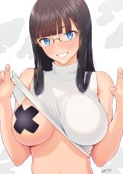 Rule 34 | 1girl, bare arms, black hair, blue eyes, blush, breasts, clothes lift, glasses, highres, large breasts, lifted by self, long hair, looking at viewer, nanahime, one breast out, original, pasties, sleeveless, sleeveless sweater, solo, sweater, sweater lift, turtleneck, turtleneck sweater, upper body, white sweater