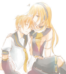 Rule 34 | 1boy, 1girl, blonde hair, blue eyes, breasts, choker, closed eyes, commentary request, detached sleeves, hand on another&#039;s shoulder, headphones, headset, hetero, kagamine len, leg warmers, lily (vocaloid), liyuly, long hair, necktie, parted lips, sailor collar, shirt, short hair, short ponytail, shorts, simple background, sitting, sketch, vocaloid, white background, yellow necktie