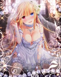 Rule 34 | 1girl, blonde hair, blue eyes, blush, bracelet, breasts, bridal veil, bride, cleavage, dress, earrings, falkyrie no monshou, fang, flower, hair flower, hair ornament, heterochromia, jewelry, large breasts, lifted by self, long hair, looking at viewer, natsumekinoko, necklace, official art, open mouth, red eyes, seiza, sitting, skirt, smile, solo, sweat, sweatdrop, thighhighs, veil, wedding, wedding dress, white thighhighs