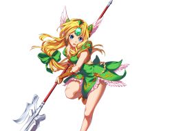 Rule 34 | 1girl, blonde hair, blue eyes, bridal gauntlets, downscaled, floating hair, forehead jewel, head wings, headdress, highres, holding, holding polearm, holding spear, holding weapon, leg up, long hair, low-tied long hair, md5 mismatch, million arthur (series), million arthur arcana blood, official art, open mouth, polearm, resized, riesz, seiken densetsu, seiken densetsu 3, simple background, solo, spear, weapon, white background, wings