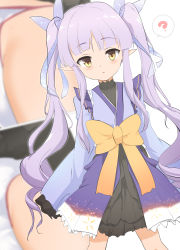 Rule 34 | 1girl, :o, ?, absurdres, ass, blue kimono, blue ribbon, blush, bow, brown eyes, commentary request, hair ribbon, highres, japanese clothes, kimono, kyoka (princess connect!), long hair, long sleeves, looking at viewer, momio, multiple views, panties, parted lips, pointy ears, princess connect!, purple hair, ribbon, sleeves past fingers, sleeves past wrists, spoken question mark, standing, twintails, underwear, upskirt, very long hair, white panties, yellow bow
