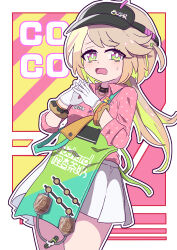 Rule 34 | 1girl, absurdres, apron, bags under eyes, blonde hair, blush, bright pupils, brown hair, candy, character name, coco (zenless zone zero), colored inner hair, commentary request, doughnut bracelet, food, gloves, green apron, green eyes, highres, lollipop, multicolored hair, open mouth, pink eyes, pink shirt, pleated skirt, polka dot, polka dot shirt, shirt, short sidetail, skirt, sweatdrop, two-tone eyes, visor cap, white gloves, white pupils, white skirt, wolf cut, xianyu fanshen qian, zenless zone zero