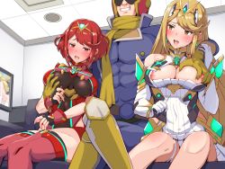 Rule 34 | 1boy, 2girls, blonde hair, blush, boris (noborhys), breasts, captain falcon, cleavage, cleavage cutout, clothing cutout, commentary request, dual persona, earrings, elbow gloves, f-zero, fingerless gloves, gloves, grabbing, grabbing another&#039;s breast, headdress, highres, jewelry, large breasts, leotard, long hair, matching hair/eyes, multiple girls, mythra (xenoblade), nintendo, nipple slip, nipples, open mouth, panties, princess peach, pyra (xenoblade), red eyes, red hair, short hair, shorts, super smash bros., sweat, thighhighs, underwear, xenoblade chronicles (series), xenoblade chronicles 2, yellow eyes, zettai ryouiki
