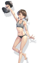 Rule 34 | 1girl, abs, black panties, breasts, brown eyes, brown hair, collarbone, dumbbell, exercising, grey sports bra, highres, kantai collection, kokuzou, low twintails, medium hair, navel, open mouth, panties, round teeth, shirayuki (kancolle), small breasts, solo, sports bra, teeth, toned, twintails, underwear, upper teeth only, weightlifting