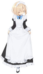 Rule 34 | 1girl, absurdres, alternate costume, apron, black dress, black footwear, blue bow, blue bowtie, blush, bow, bowtie, buran buta, closed eyes, curtsey, dress, enmaided, facing to the side, frilled apron, frilled dress, frills, full body, hair between eyes, high heels, highres, long dress, maid, maid headdress, neptune (series), rom (neptunia), simple background, skirt hold, smile, solo, white apron, white background