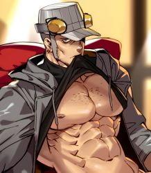 Rule 34 | 1boy, abs, bara, bare pectorals, black shirt, chest hair, close-up, clothes lift, earrings, facial hair, grey jacket, hat, headphones, hood, hooded jacket, iwai munehisa, jacket, jewelry, large pectorals, long sideburns, male focus, mouth hold, muscular, muscular male, na insoo, navel, nipples, open clothes, open jacket, paid reward available, pectorals, persona, persona 5, paid reward available, selfie, shirt, shirt lift, short hair, sideburns, solo, stomach, stubble