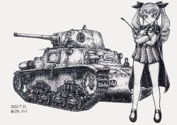 Rule 34 | 1girl, anchovy (girls und panzer), anzio (emblem), anzio school uniform, belt, cape, carro armato m15/42, closed mouth, commentary, crossed arms, dated, dress shirt, emblem, girls und panzer, greyscale, hair ribbon, highres, holding, long hair, long sleeves, looking at viewer, military, military vehicle, monochrome, motor vehicle, necktie, nspa (spa-jcs), pantyhose, pleated skirt, ribbon, riding crop, school uniform, shirt, shoes, skirt, smile, solo, standing, tank, traditional media, twintails, twitter username, wing collar