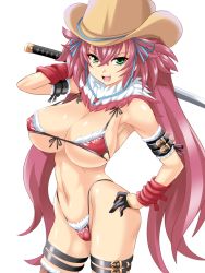 Rule 34 | 1girl, armpits, bikini, breasts, cleavage, covered erect nipples, cowboy hat, front-tie top, green eyes, hand on own hip, hat, huge breasts, kagura (oneechanbara), katana, konno tohiro, long hair, micro bikini, navel, oneechanbara, red bikini, red hair, shiny skin, simple background, skindentation, smile, solo, strap gap, swimsuit, sword, twintails, very long hair, weapon, white background