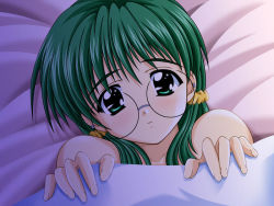 Rule 34 | 1girl, bed sheet, bra, doushin, game cg, glasses, green hair, komiya haruto, suruga miho, underwear