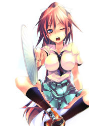 Rule 34 | 1girl, between breasts, black socks, blue eyes, blush, breasts, brown hair, foreshortening, hand fan, impossible clothes, impossible shirt, kamizuki shiki, large breasts, long hair, necktie, one eye closed, open mouth, original, paper fan, pleated skirt, ponytail, school uniform, shirt, sitting, skirt, socks, solo, sweat, uchiwa, very long hair, wink