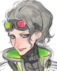 Rule 34 | 1girl, apex legends, biophysic horizon, biophysics horizon, blue eyes, freckles, goggles, goggles on head, grey sweater, hair behind ear, horizon (apex legends), looking at viewer, official alternate costume, portrait, simple background, sketch, solo, sweater, tama (ponz3o1), unfinished, white background