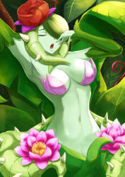 Rule 34 | 1girl, arm up, armpits, bra, breasts, character request, cleavage, colored skin, commentary, detached sleeves, eyebrows hidden by hair, closed eyes, flower, green hair, green skin, green sleeves, groin, hair between eyes, hair flower, hair ornament, hands up, highres, jojobirdz, large breasts, leaf, monster girl, navel, open mouth, pink bra, pink flower, plant, plant girl, plant hair, red flower, red rose, rose, shantae (series), sidelocks, solo, stomach, strapless, strapless bra, stretching, teeth, thorns, underwear, upper body, upper teeth only, vines, water lily flower, water lily siren, yawning