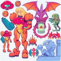 1girl alien arm_cannon armor assault_visor blonde_hair cartoonized claws commentary encasement english_commentary green_visor gun helmet highres holding holding_helmet long_hair looking_at_viewer metroid metroid_(creature) monster morph_ball mostlyghostly nintendo power_armor power_suit power_suit_(metroid) ridley samus_aran sharp_teeth space_pirate_(metroid) standing tank_(container) teeth toon_(style) varia_suit weapon wings zebesian