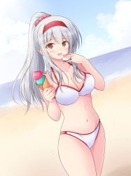 Rule 34 | 1girl, alternate costume, alternate hairstyle, bare shoulders, beach, bikini, blush, breasts, brown eyes, cleavage, collarbone, commentary request, commission, food, hair ornament, hair scrunchie, hairband, highres, holding, holding food, ice cream, kantai collection, large breasts, long hair, looking at viewer, navel, pink scrunchie, ponytail, red hairband, scrunchie, shizuna kaede, shoukaku (kancolle), skeb commission, smile, solo, swimsuit, white bikini, white hair, wrist scrunchie