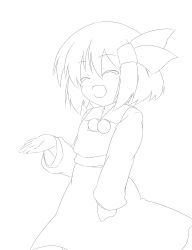 Rule 34 | 1girl, absurdres, closed eyes, female focus, flat chest, greyscale, highres, lineart, monochrome, oka (bananashoe), open mouth, rumia, short hair, smile, solo, touhou, transparent background