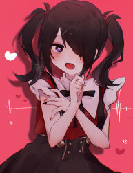 Rule 34 | 1girl, :d, ame-chan (needy girl overdose), black hair, black nails, black ribbon, black skirt, blush, breath, cardiogram, collared shirt, commentary request, drop shadow, hair ornament, hair over one eye, hair tie, hairclip, hands up, heart, heart in eye, highres, looking at viewer, migimiya yoru, multicolored nails, neck ribbon, needy girl overdose, open mouth, purple eyes, red background, red nails, red shirt, ribbon, shirt, shirt tucked in, skirt, smile, solo, suspender skirt, suspenders, symbol in eye, twintails, x hair ornament