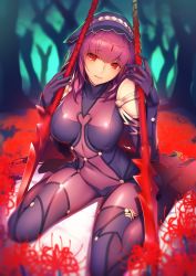 Rule 34 | 1girl, armor, bad id, bad pixiv id, blush, bodysuit, boots, breasts, covered collarbone, covered navel, fate/grand order, fate (series), focused, forest, hair between eyes, headdress, high heel boots, high heels, impossible clothes, large breasts, long hair, looking at viewer, nature, parted lips, pauldrons, polearm, purple bodysuit, purple hair, purple hood, red eyes, ryuji (ikeriu), scathach (fate), shoulder armor, sitting, solo, spear, very long hair, wariza, weapon