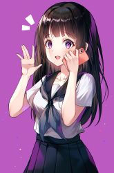Rule 34 | 1girl, :d, black hair, black sailor collar, black skirt, blush, breasts, chitanda eru, collarbone, commentary, hands up, highres, holding, holding phone, hyouka, kamiyama high school uniform (hyouka), large breasts, long hair, neckerchief, notice lines, nri, open mouth, phone, pink background, pleated skirt, purple eyes, sailor collar, school uniform, serafuku, shirt, simple background, skirt, smile, solo, symbol-only commentary, teeth, upper teeth only, white shirt