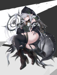 Rule 34 | 1girl, absurdres, arknights, ass, black footwear, black panties, black thighhighs, boots, crocodilian tail, flower, goggles, goggles around neck, high heel boots, high heels, highres, hood, large tail, long hair, looking at viewer, panties, pointy ears, silver hair, skeleminemoneko, solo, staff, tail, thighhighs, thighs, tomimi (arknights), underwear, white flower, yellow eyes